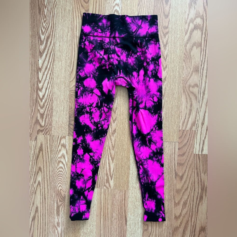 Pink and Black Tie Die Ribbed Leggings, Small